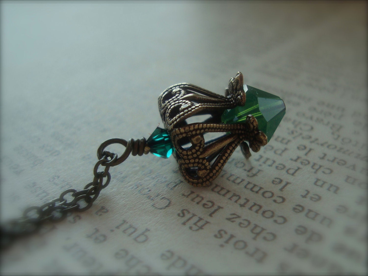 MORNING DEW - Romantic Vintage Inspired Victory Garden Necklace With Antiqued Brass Filigree and Emerald Opal Swarovski Crystal Irish