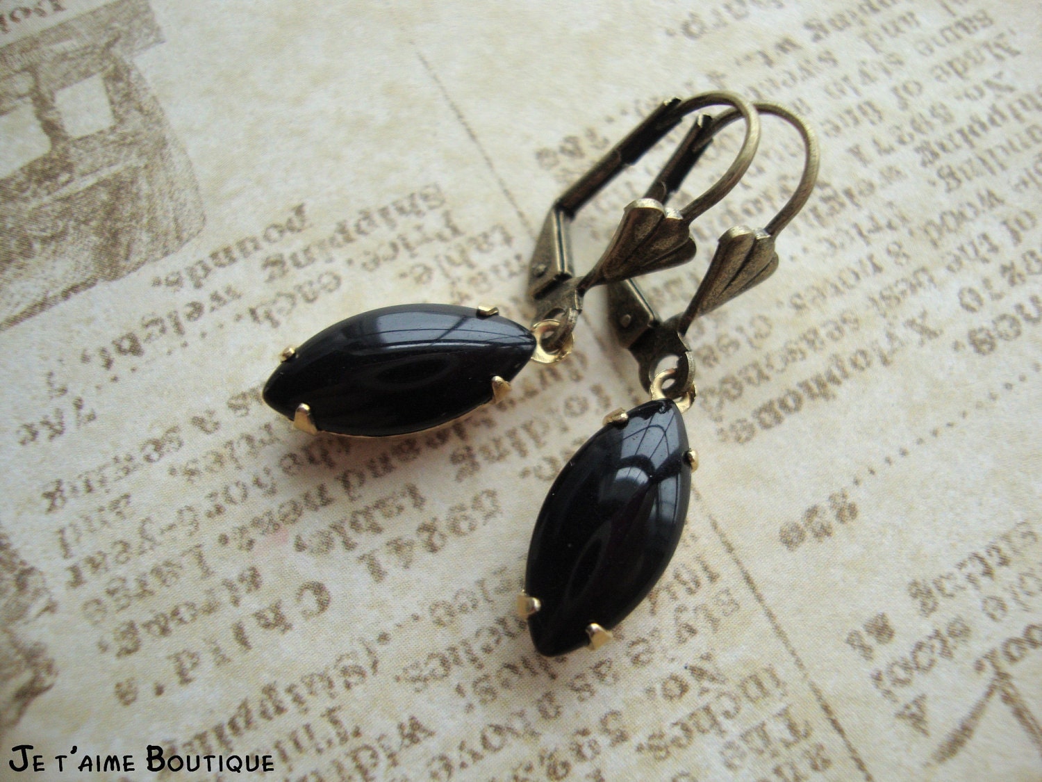 NOCTURNAL - Vintage Estate Style Earrings in Antiqued Brass with Opaque Black Glass Jewels Evening Wear Dressy Delicate Gift For Her