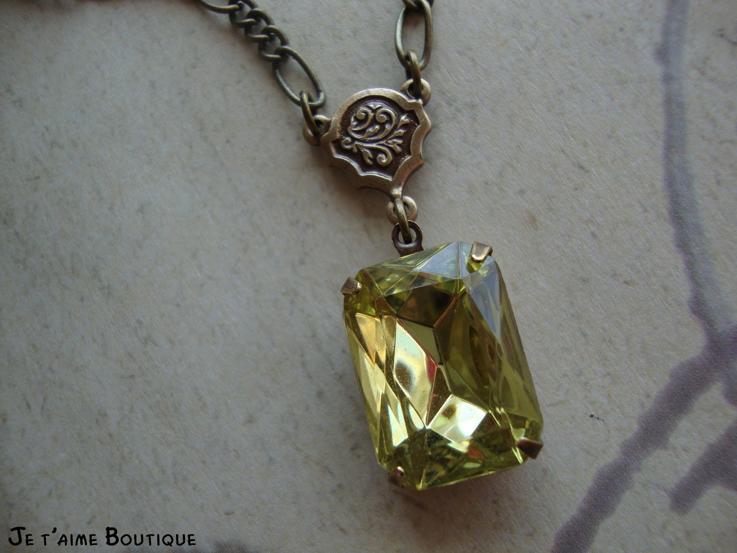 JONQUIL - Vintage Estate Style Necklace in antiqued brass with jonquil yellow glass jewel and swarovski crystal