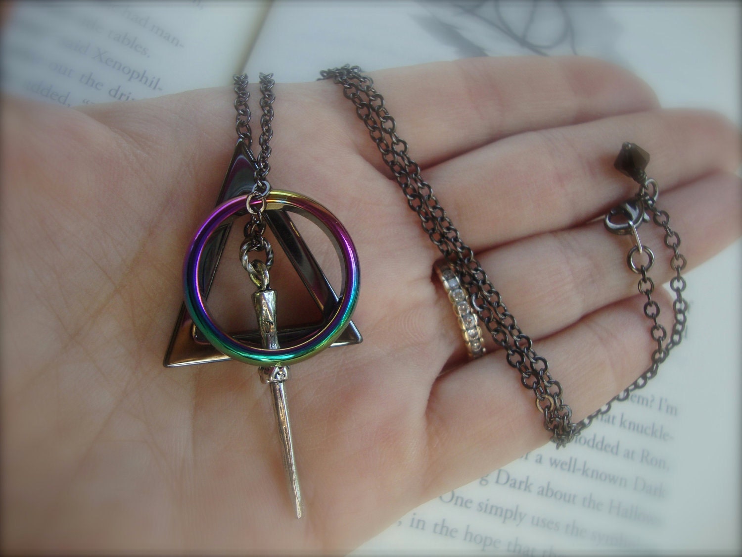DEATHLY HALLOWS III - Unisex Wizard Inspired Deathly Hallows Necklace With Iridescent Hematite Ring Gunmetal Three Peverell Brothers