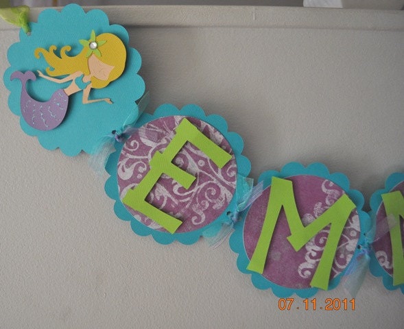 Mermaid Birthday banner, in Purple, Turquoise, and Lime Green