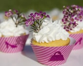Hot Pink Striped Cupcake Wrappers with Handbag/Shoe Embellishment