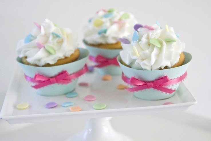 Aqua Cupcake Wrappers with Hot Pink Ribbon
