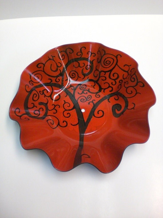 Red Hand Painted Vinyl Record Bowl
