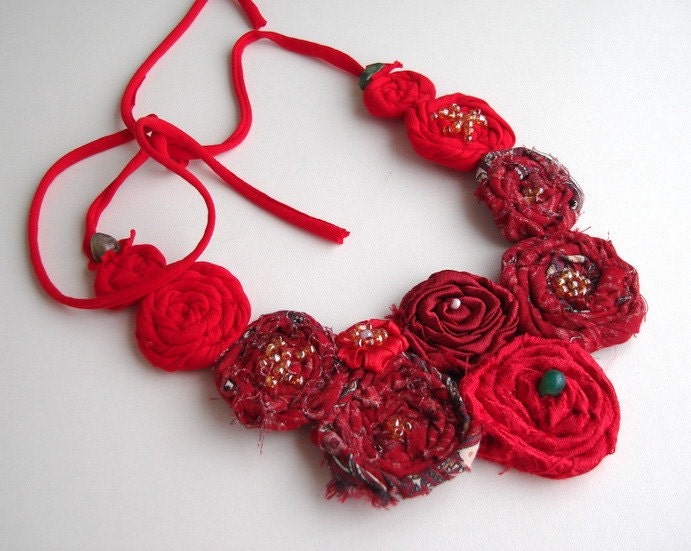 Red floral statement necklace   eco friendly   floral flower  statement bib necklace
