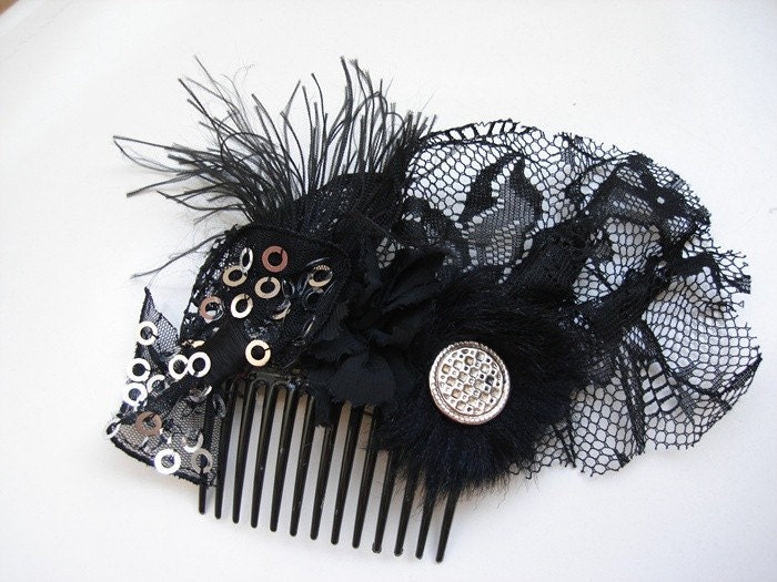 Black Wedding headpiece comb frayed lace fluffy lacy Hair Fascinator sale now  USD30