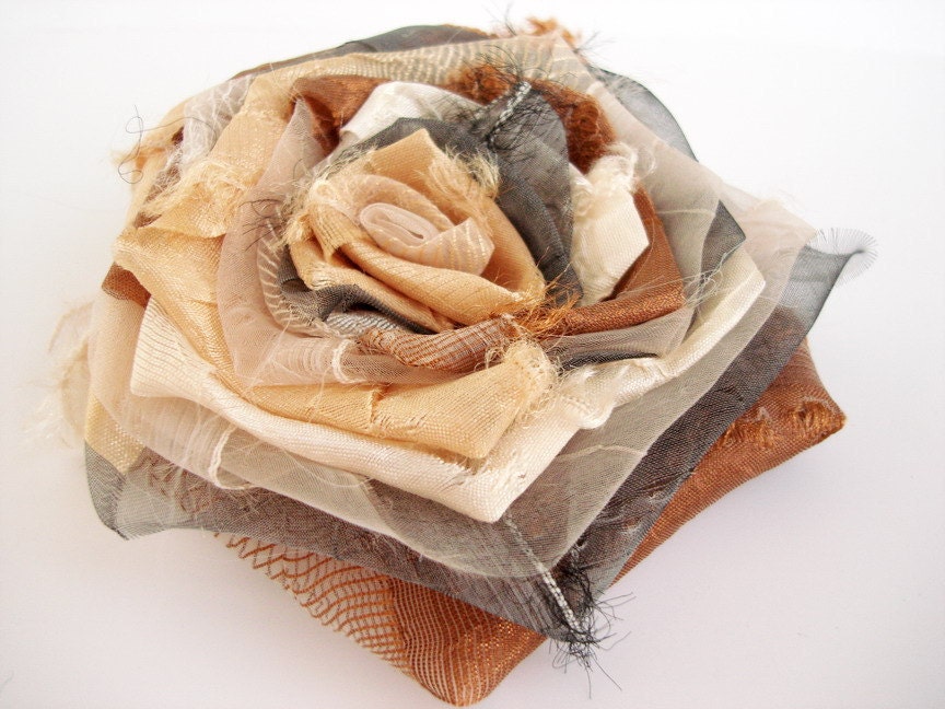 Ecru Tan grey smoked Ivory Cream Copper Bloom Handmade Flower Brooch or hair flower