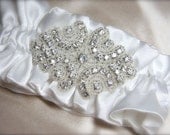 Rhinestone Satin Garter with Peacock feather, silver, white, ivory, custom wedding colors, aqua, pink, champagne, purple, gray, black