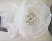 Bridal Dress Sash, Vintage Style Diamond White Flowers with rhinestones, White, Ivory or Champagne Flowers, Velvet Leaves, custom color sash
