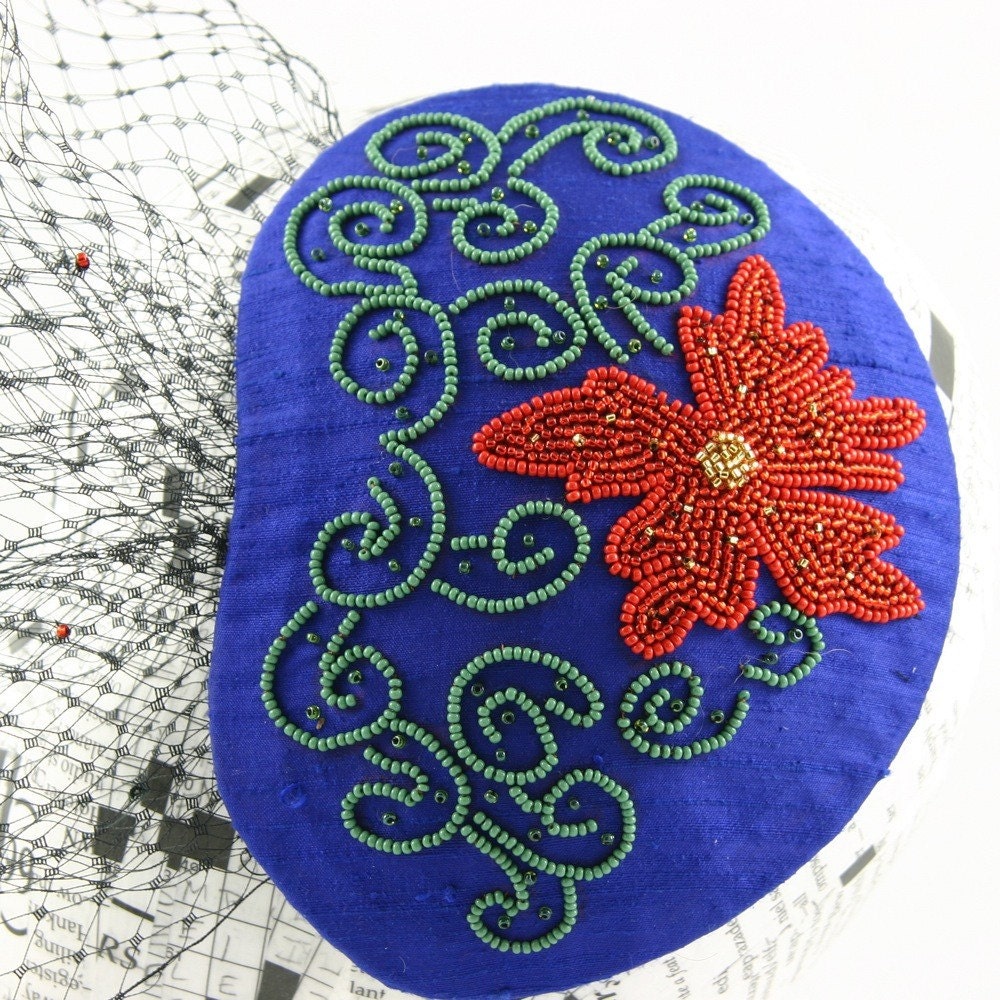 Blue Fascinator with Beaded Red Flower and Veil, Porter Wagoner