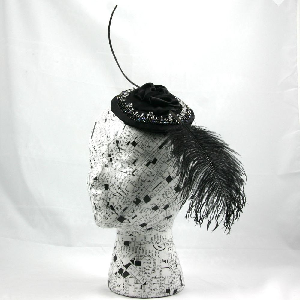 Beaded Black Fascinator with Feather, Coco
