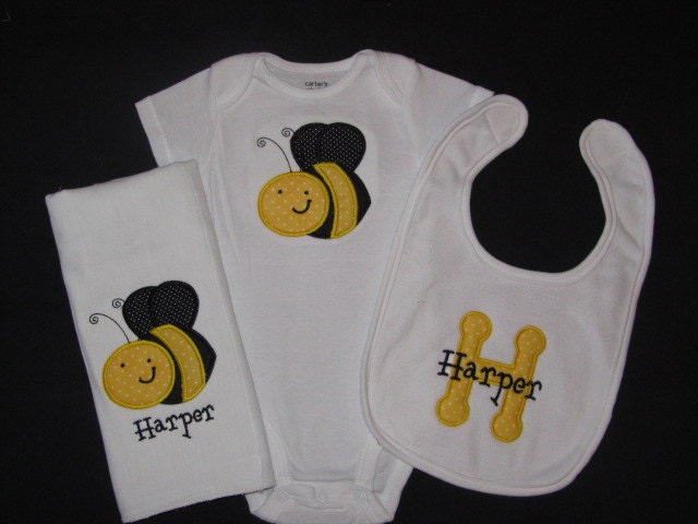 Personalized Baby Girl or Boy Gift Set Onesie, Burp Cloth, Bib Bumble Bee