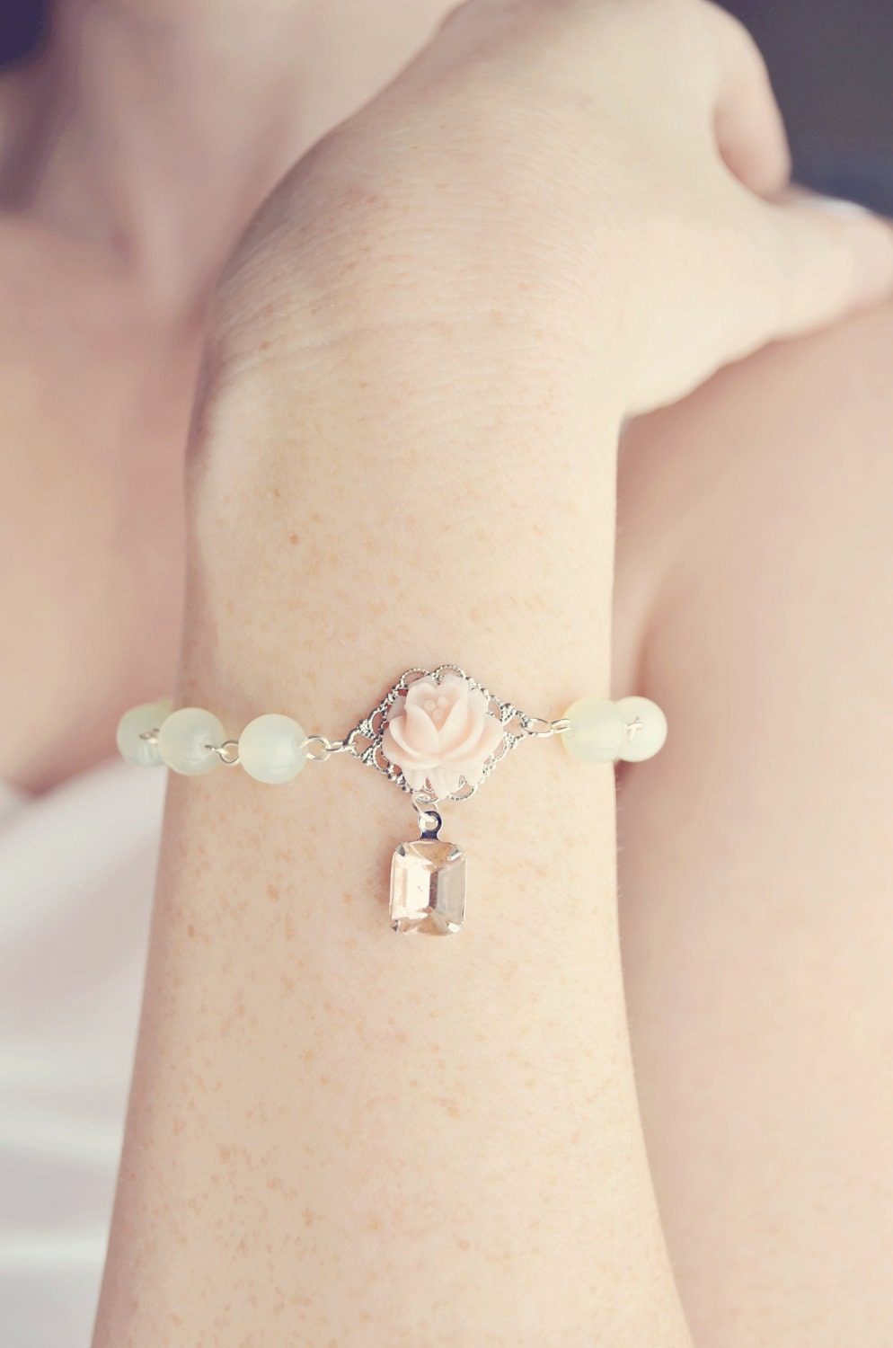 Bridesmaid Jewelry - Peach and Light Green Bracelet, Flower, Silver Plated, Wedding Jewelry - Georgia Peach Collection