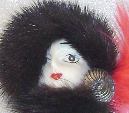 Vintage Mink Lady Brooch.  Porcelain. Feather. Black. Red.