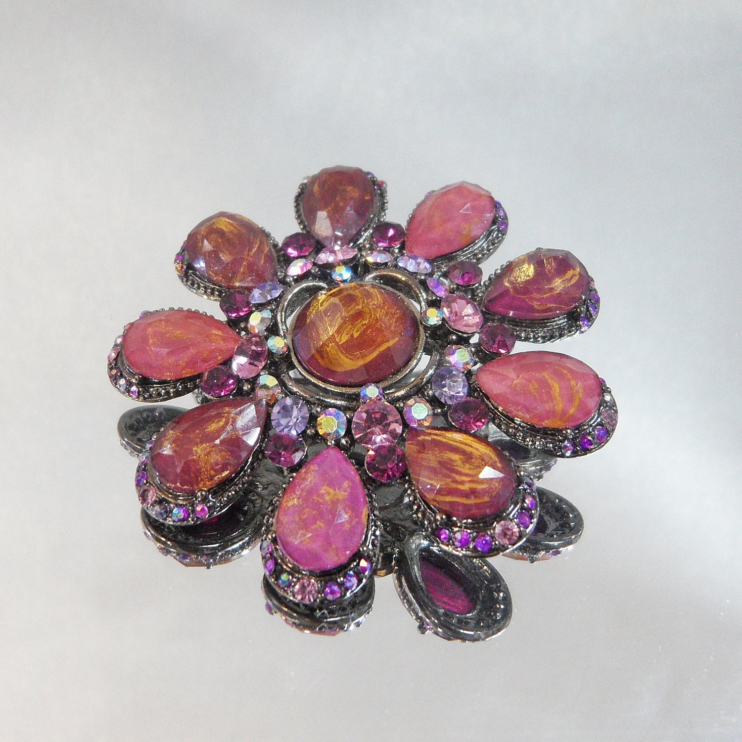 Vintage Purple Brooch AB Rhinestones Gold and Purple Foiled