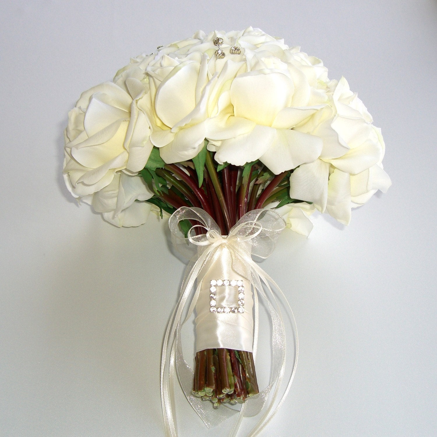 Bridal Bouquet White Roses Real Touch Silk Wedding Flowers Sparkly Crystals Rhinestones Bling - GRAND Bridal Size