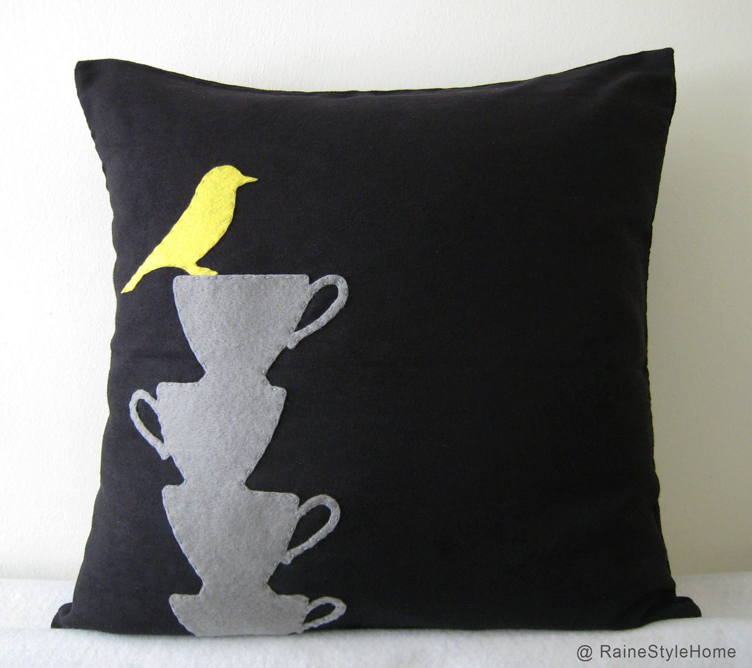 Yellow Bird Resting On Teacups Black Pillow Cover. Tea Time. Modern. Grey
