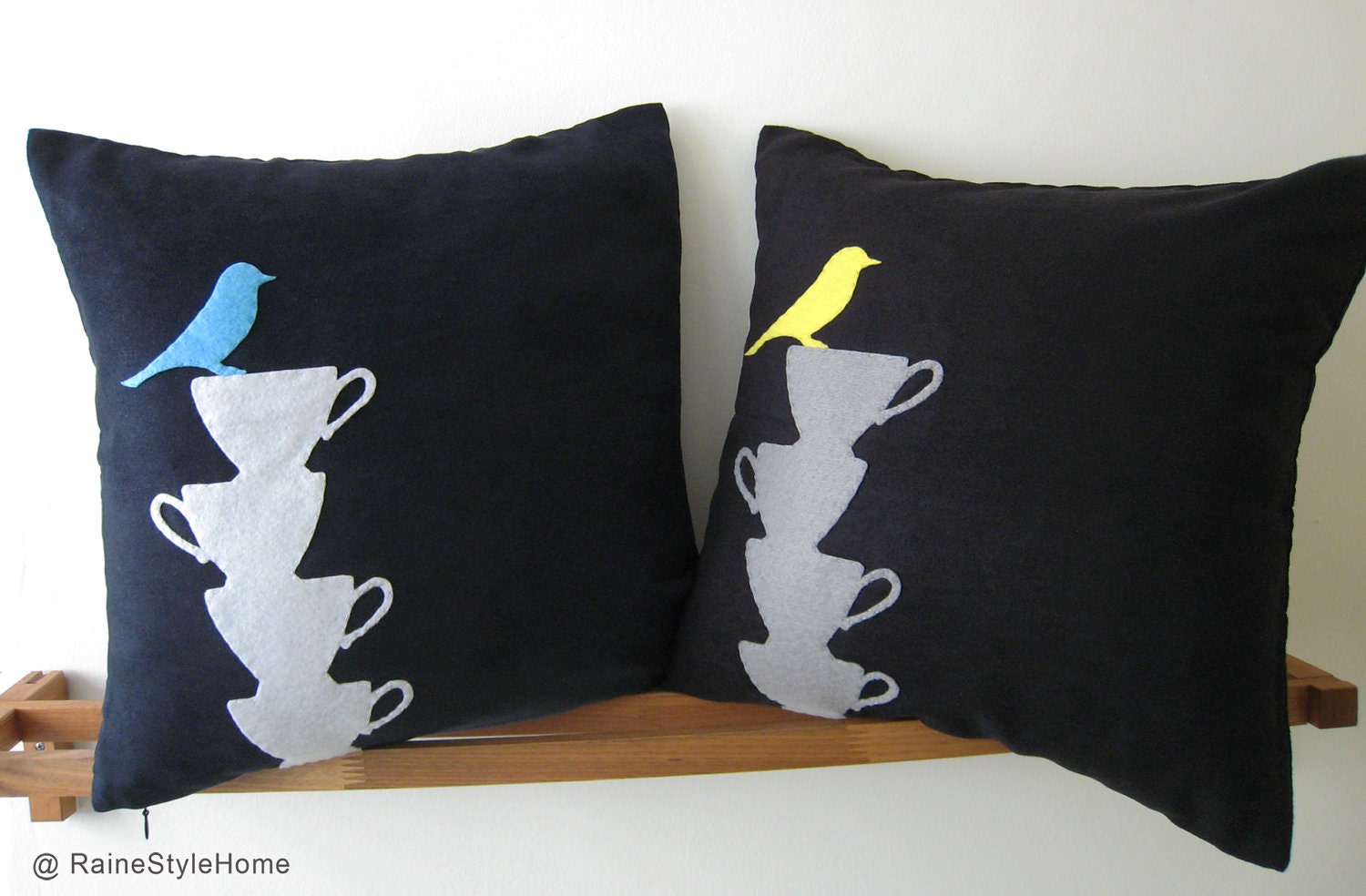 Yellow Bird Resting On Teacups Black Pillow Cover. Tea Time. Modern. Grey