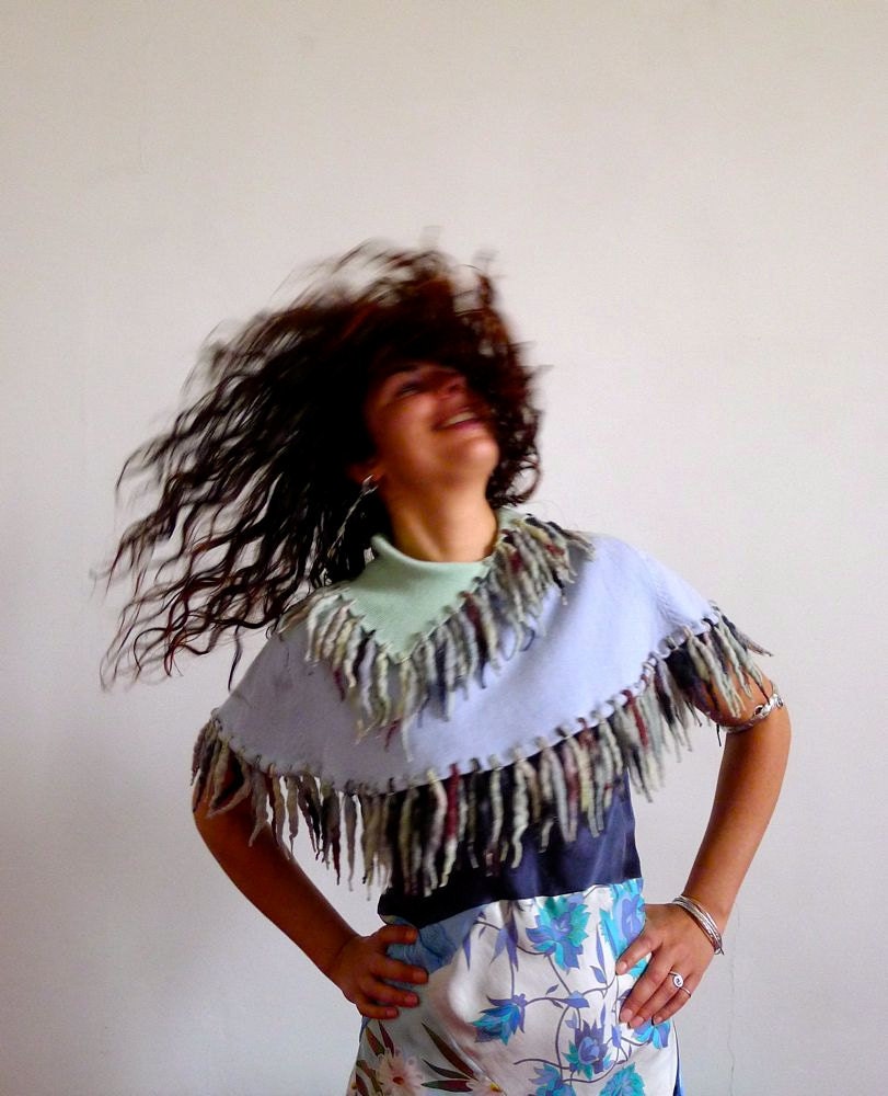 Pastel Blue Upcycled Cashmere Dreadlock Poncho Cape                                Made in England UK