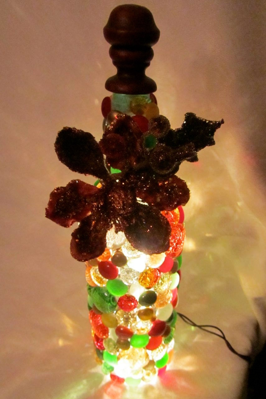 Wine bottle lamp - red, green, gold, amber and orange