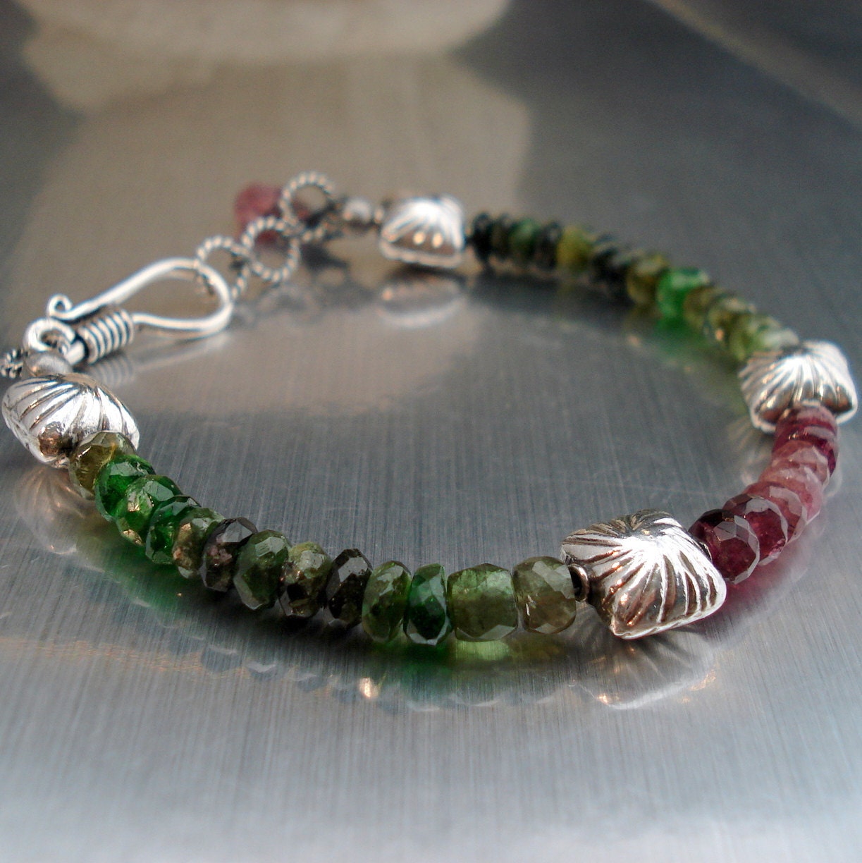 Tourmaline Gemstone Bracelet with Green and Pink Watermelon Tourmaline Sterling Silver Beads and Clasp