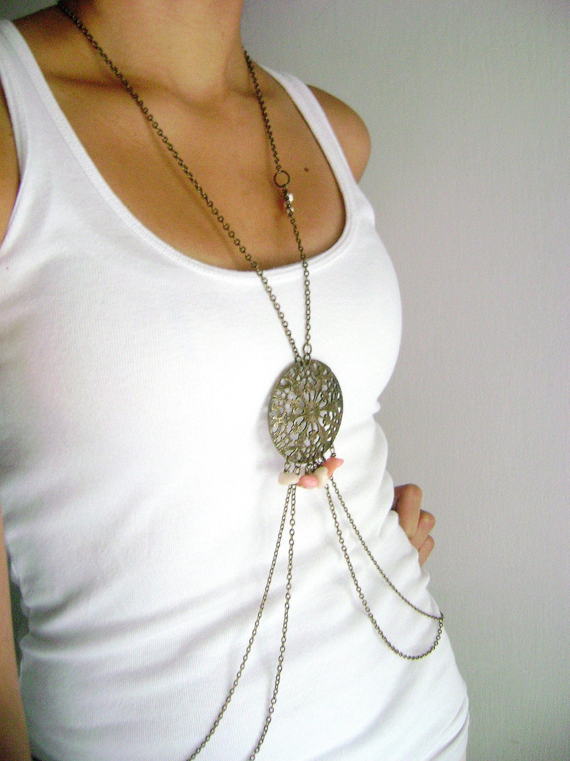 Glam Shield - peach ivory stones and antique bronze body chain trendy fashion accessory