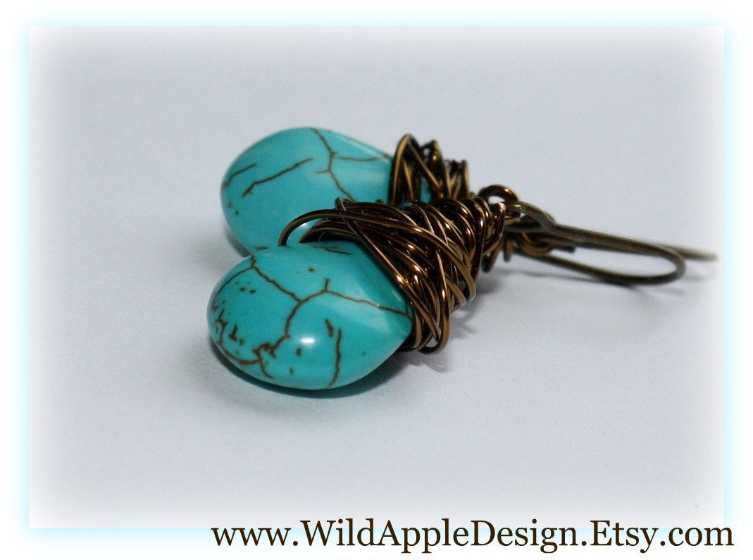 Wire Wrapped Turquoise Teardrop Earrings - Bronze (4607)