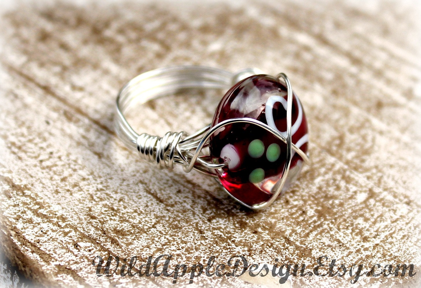 Hand-painted Glass Coin Bead Wire-Wrapped Ring - Size 7.5 (Custom Sizes Available)