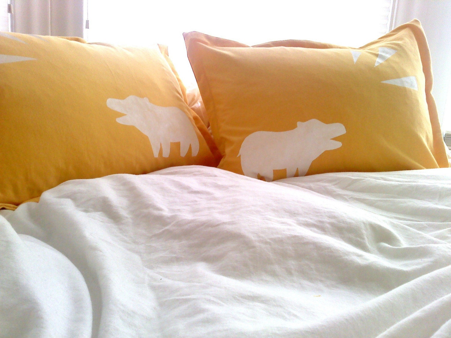 organic pillow sham - shouting hippo design on saffron