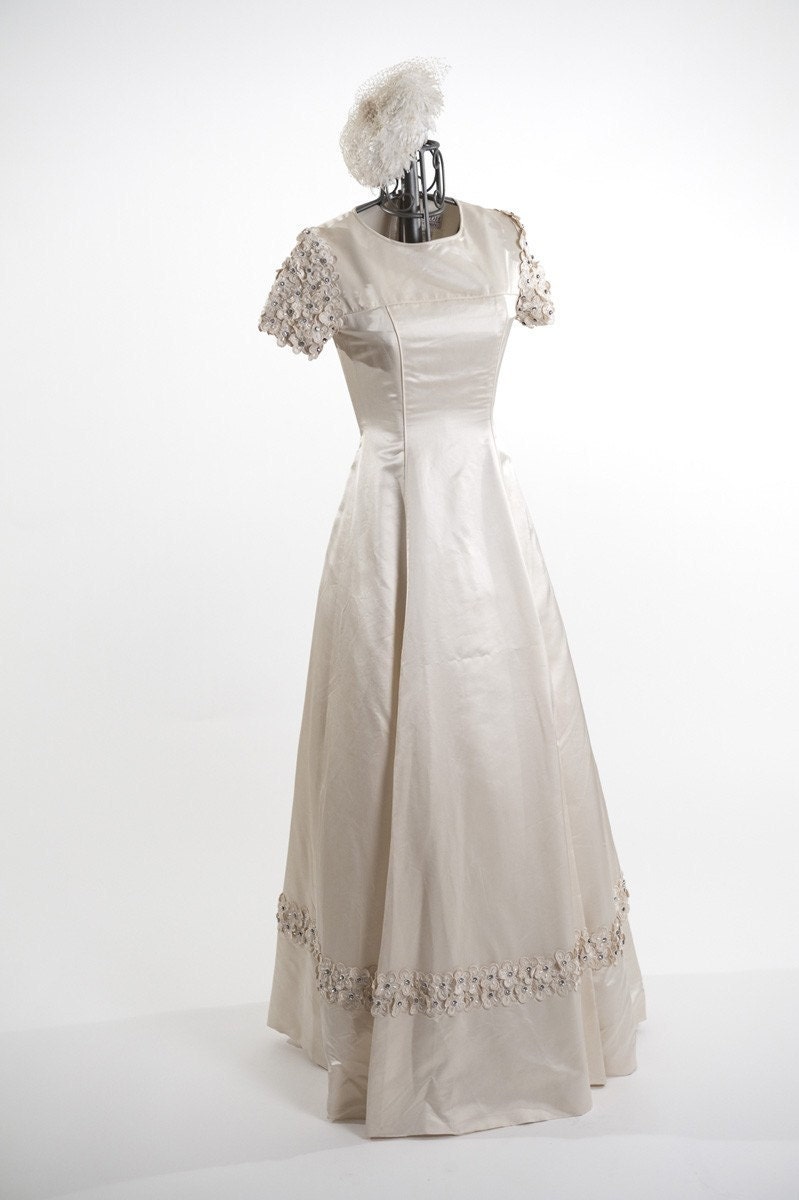 Rena Koh Short Sleeve Silk Bridal Gown - Embroidered Flower Appliques- Rhinestones