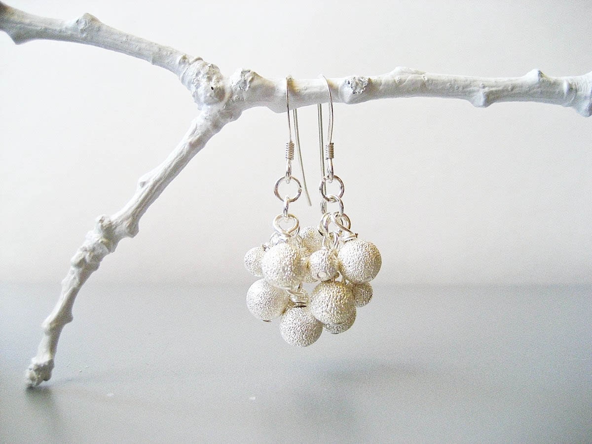 Snow Cluster Earrings -  Silver White Frosted Stardust Sterling Silver Snow Earrings - OooohShiny