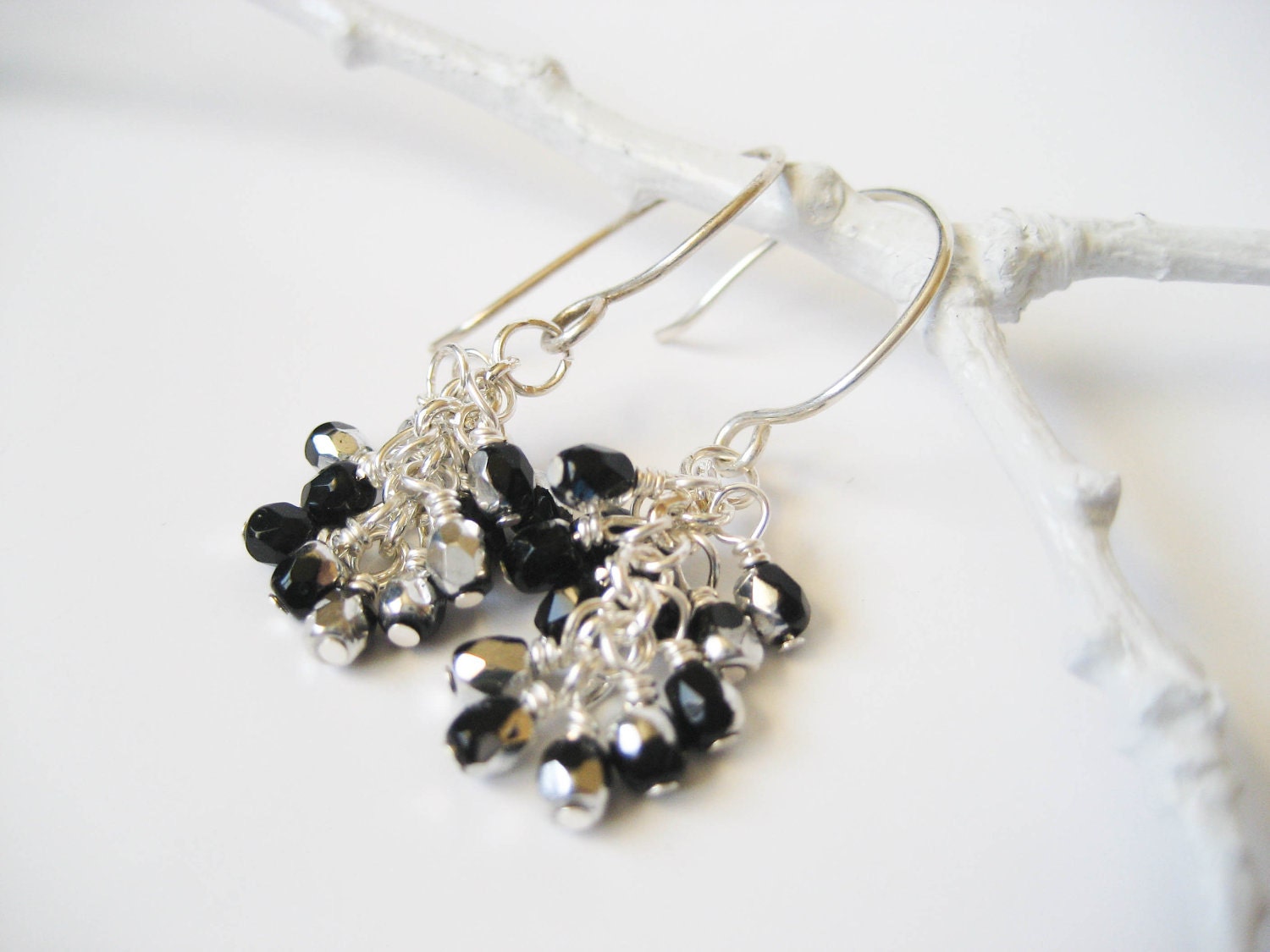 Black Crystal Cluster Dangle Earrings - Black and Silver Czech Glass Sterling Silver Cluster Earrings
