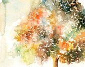 Romantic tree -Landscape painting-Watercolor-Orange autumnal tree-Archival Print from my original watercolor painting 8x10 inch