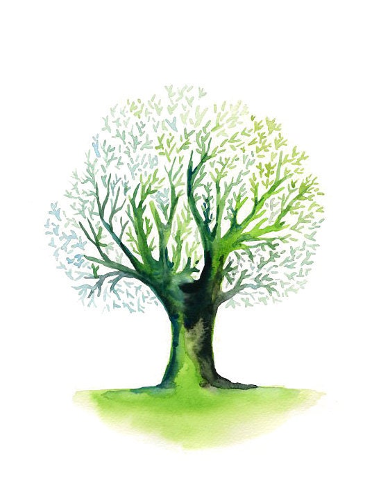 Green tree Print from my original watercolor painting 8x10 inch