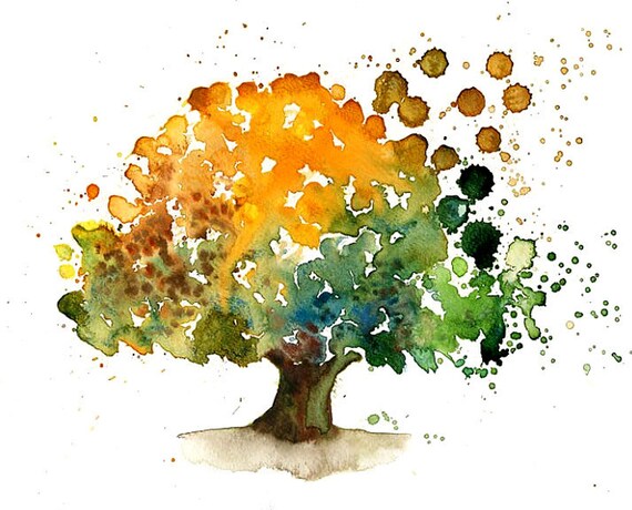 Happy Tree-Landscape painting-Watercolor-Orange autumnal tree-Archival Print from my original watercolor painting 10x8 inch