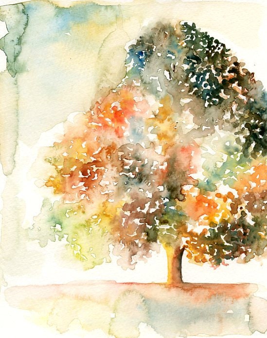 Romantic tree -Landscape painting-Watercolor-Orange autumnal tree-Archival Print from my original watercolor painting 8x10 inch