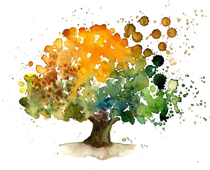 Happy Tree-Landscape painting-Watercolor-Orange autumnal tree-Archival Large Print from my original watercolor painting 14x11 inch