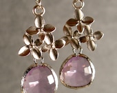 Lavender Glass Cherry Blossom Dangle Silver Bridesmaid Earrings, Wedding Earrings, Lavender Earrings, Silver Earrings (4247W)