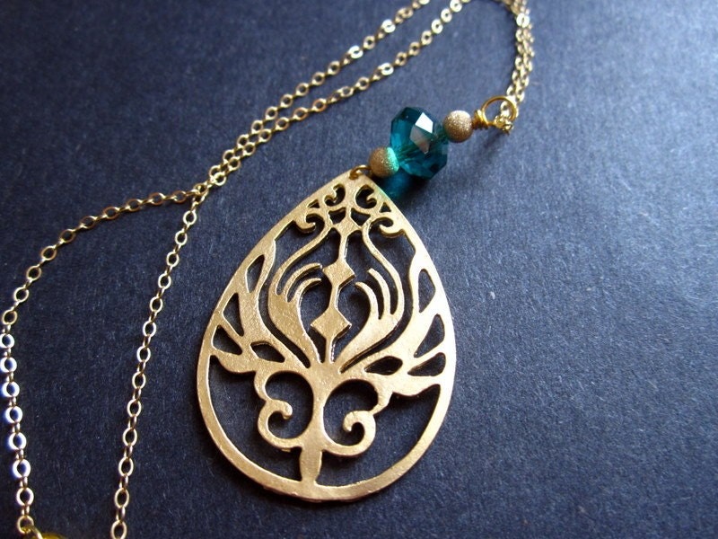 Gold Peacock Necklace Teal Art Nouveau by MinouBazaar