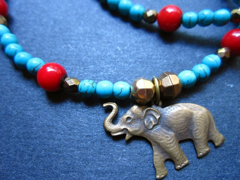 Elephant Necklace Turquoise Coral Boho Chic Travel Antiqued Brass by MinouBazaar