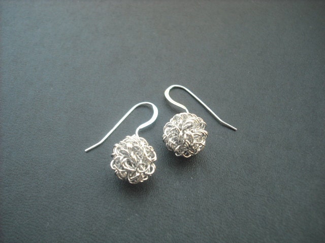 Matte Matal Thread Weaving Ball earrings - sterling silver ear wires