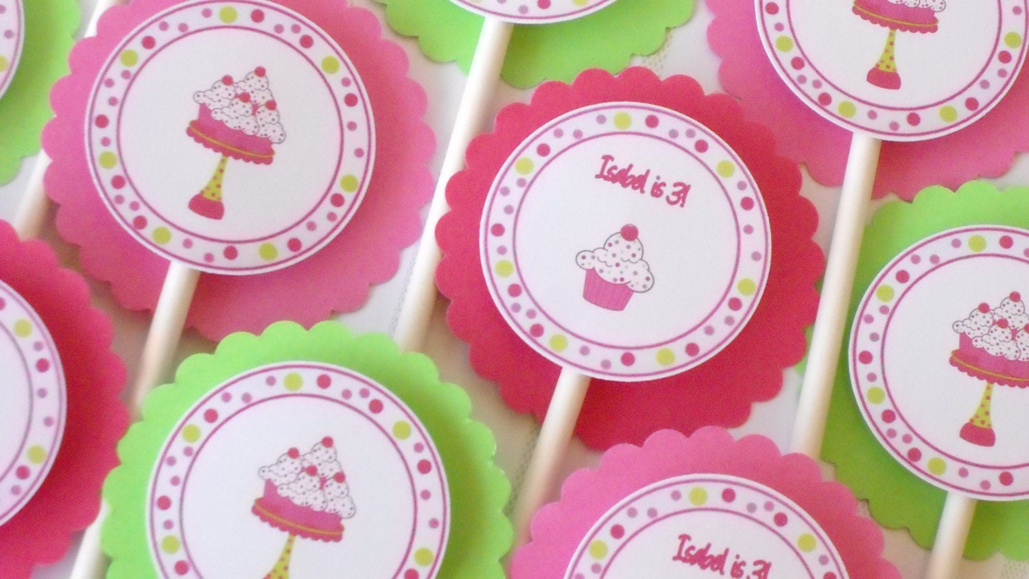 Cupcake Toppers, pink and green, cupcake theme Il_570xn