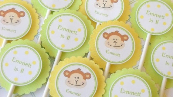 Cupcake Toppers, monkey, green and yellow Il_570xn