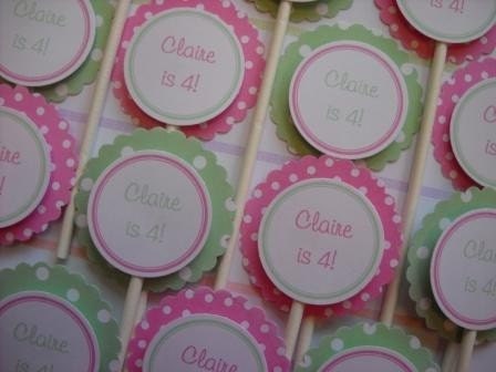 Cupcake Toppers - pink and green polka dots Il_570xn