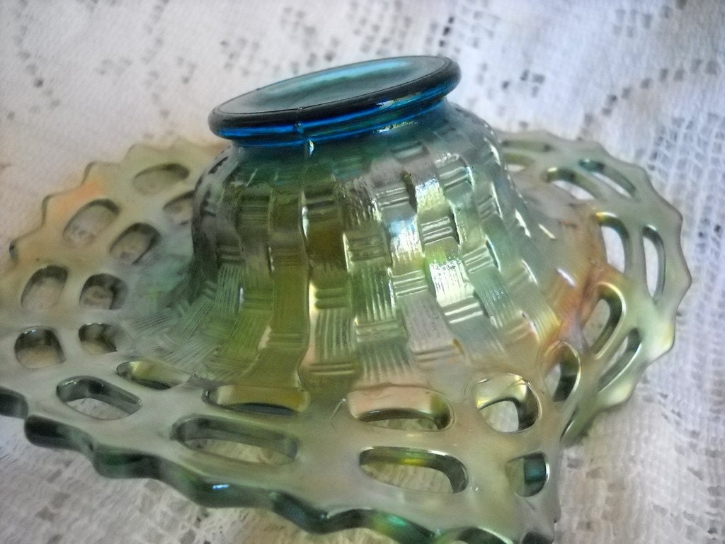 AntiqueTwo Row Open Edge Fenton Carnival Teal Basket Hat, Jack-in-the-Pulpit , Rare, Time Raveler