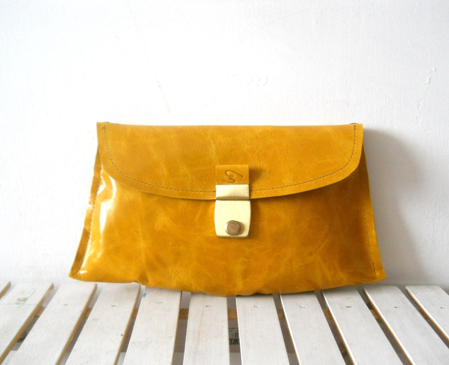 Beautiful leather clutch with vintage buckle - Beautiful Yellow