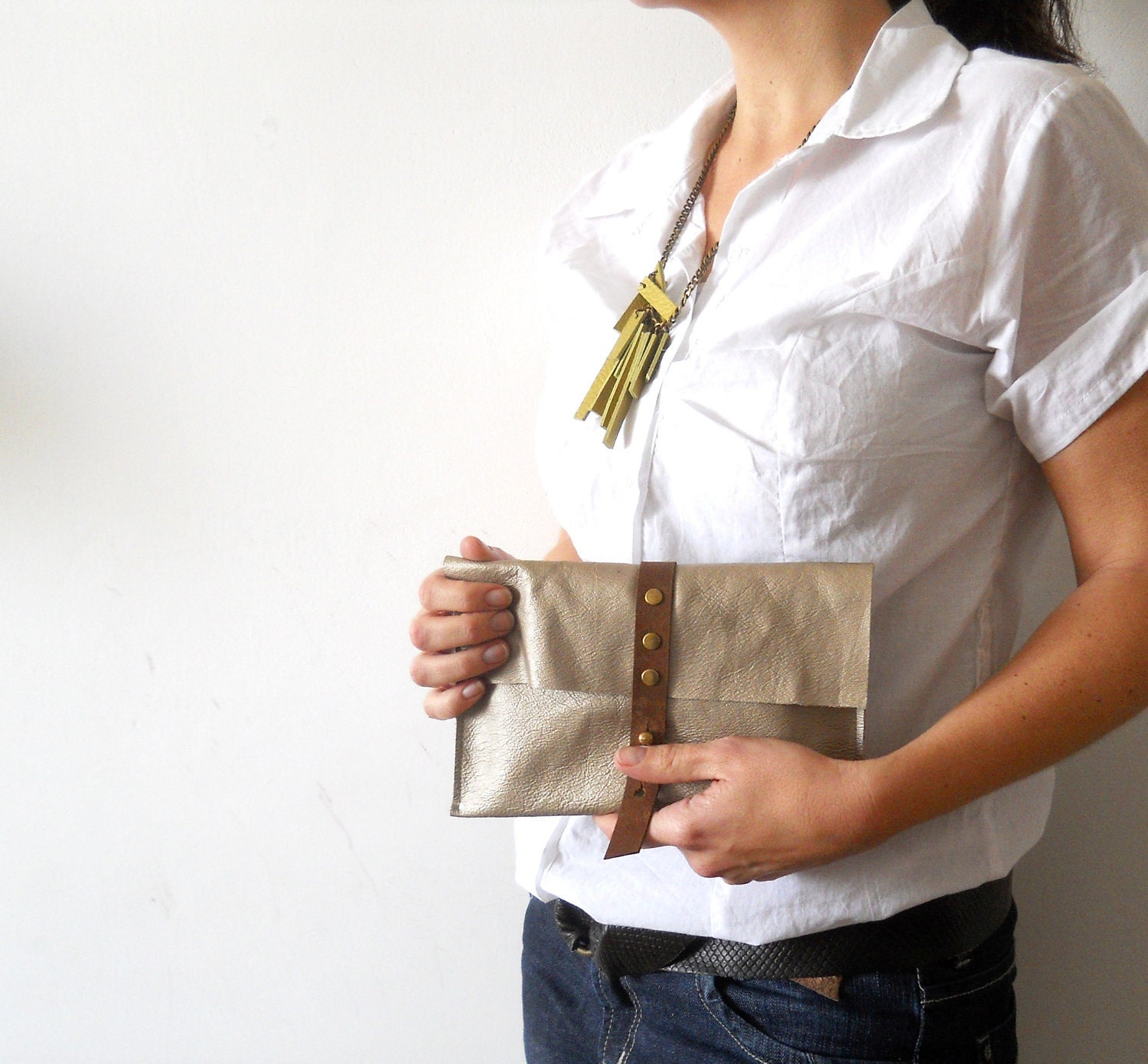 Leather case clutch -  gold