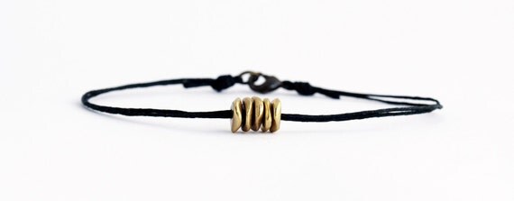 Brass Disks Bracelet on Black Irish Linen - Simple, Bohemian, Everyday Jewelry