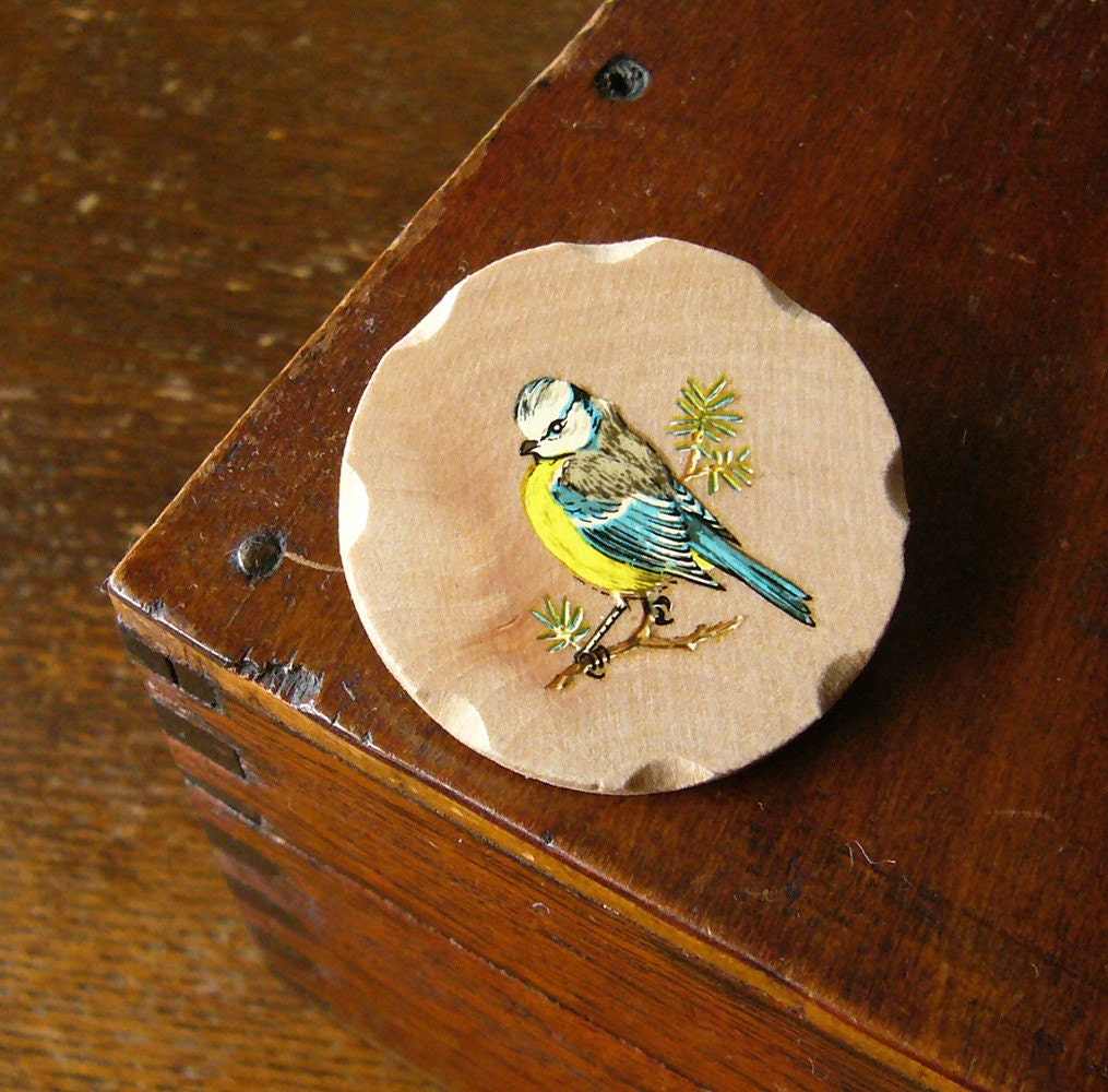bonnie blue tit wooden hand shaped brooch