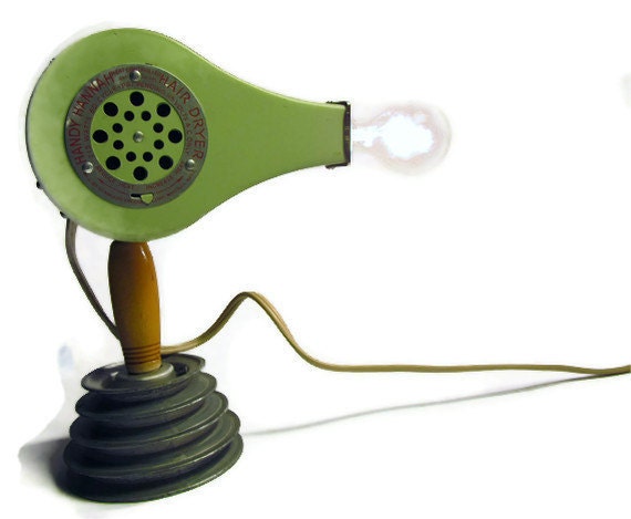 Vintage table lamp made from mint green blow dryer light